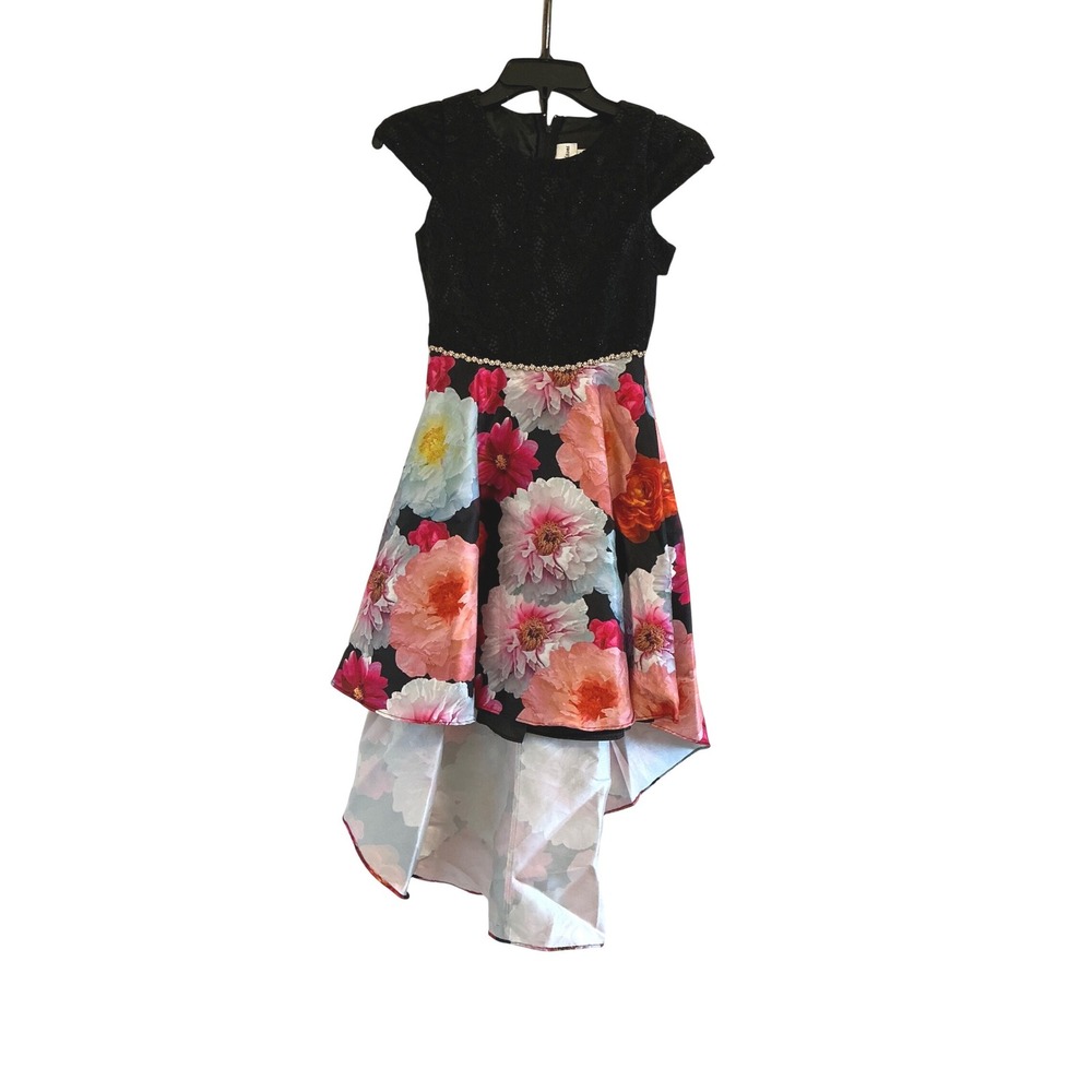 Rare Editions Girls Black Glitter Lace Floral Hi Low Dress Size 10